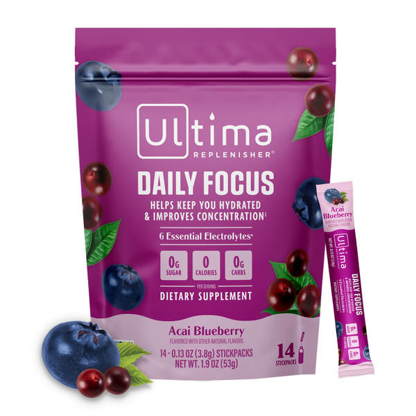 Ultima Replenisher Daily Focus Supplement & Electrolytes Powder - Acai Blueberry, 14 Stickpacks - Hydration Packets, 60mg Caffeine from Green Tea Extract & L-Theanine to Improve Focus & Concentration