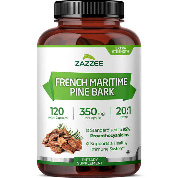 Zazzee Extra Strength French Maritime Pine Bark Extract 20:1, 350 mg Per Capsule, 95% Proanthocyanidins, 120 Vegan Capsules, 4 Month Supply, Certified Kosher, Antioxidant Support, Non-GMO, Made in USA
