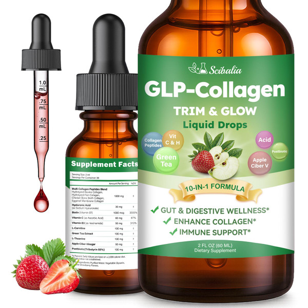 Liquid Collagen for Women, GLP Friendly 10-in-1 Multi Collagen Trim & Glow with Hyaluronic Acid Biotin Green Tea & ACV, Hydrolyzed Collagen Burn Drops for Digestive Gut Skin Health & Hair Growth