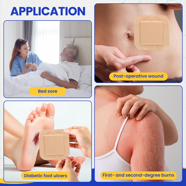 40 Pack Silicone Foam Dressing 4"x4" with Adhesive Border, High Absorbency Silicone Bandages, Waterproof Foam Bandages for Wounds Care, Bed Sore, Diabetic Foot Ulcers