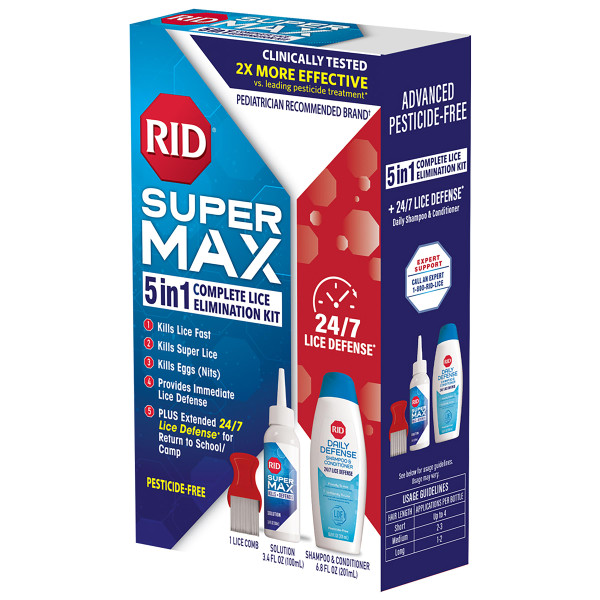 RID Super Max Lice Treatment Kit, Kills Lice& Super Lice & Eggs + 24/7 Lice-Defense, Pesticide Free, 3.4 FL OZ Solution + 6.8 FL OZ Daily Defense Shampoo & Conditioner + Nit Removal Comb,(Pack of 2)