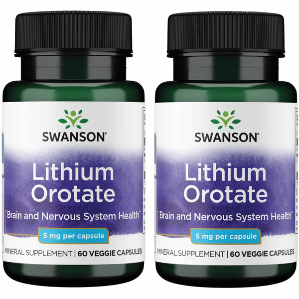 Swanson Lithium Orotate Mood and Memory Support Supplement for Stress-Prone Adults Seeking Emotional Wellness - 5 mg Elemental Lithium (60 Veggie Capsules, 2 Pack)