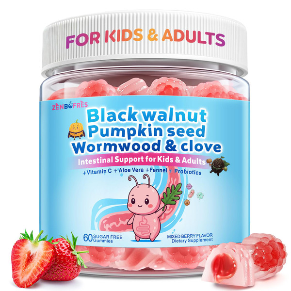 Wormwood Black Walnut Clove Para Clean for Humans & Kids, Herbal Gut Health Gummies with Wormwood, Pumpkin Seeds, Vitamin C, D3, Zinc, Probiotics for Natural Gut Cleanse, Immune Support - 60 Gummies