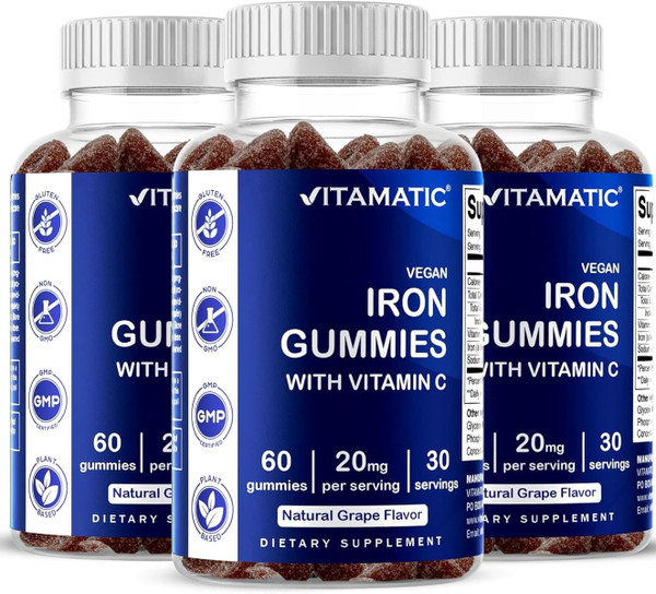 Vitamatic Iron Gummies Supplement for Women & Men - 20mg Serving - 60 Vegan Gummies - Great Tasting Iron Gummy Vitamins with Vitamin C (60 Count (Pack of 3))