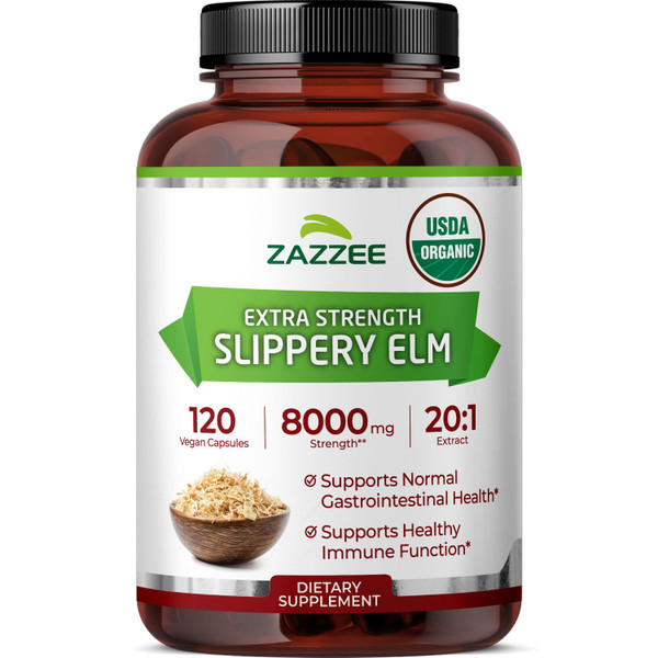 Zazzee USDA Organic Slippery Elm Bark 20:1 Extract, 120 Vegan Capsules, 4 Month Supply, Ulmus Rubra, Digestive, Throat & Mucosal Support, Herbal Supplement, All-Natural, Non-GMO, Made in the USA
