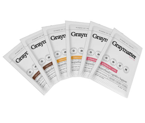 Graymatter Bright Mind Nootropic Powder (6 Travel Packets Variety Pack: Cacao, Tangerine, Strawberry Lemon) – Plant-Based Energy & Focus Drink Mix, Adaptogens & Vitamins, Sugar-Free Daily Supplement