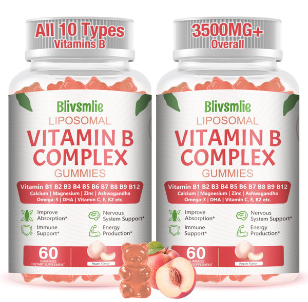 Blivsmlie 33-in-1 Liposomal Vitamin B Complex Gummies - B1, B2, B3, B4, B5, B6, B7, B8, B9, B12, Vitamin C, D3, K2, Calcium, Magnesium, Zinc for Energy, Brain, Immune, Skin Support & Heart Support