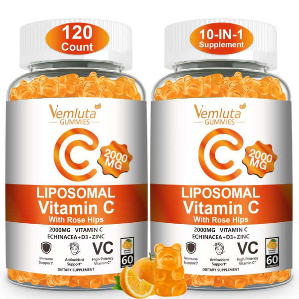 Vemluta 2 Pack Liposomal Vitamin C 2000mg Gummies Complex Rose Hips with D3 5000IU,Elderberry Echinacea,Iron & Zinc for Adults Kids Immune,Antioxidant & Collagen Support,Orange Flavor, 120Count