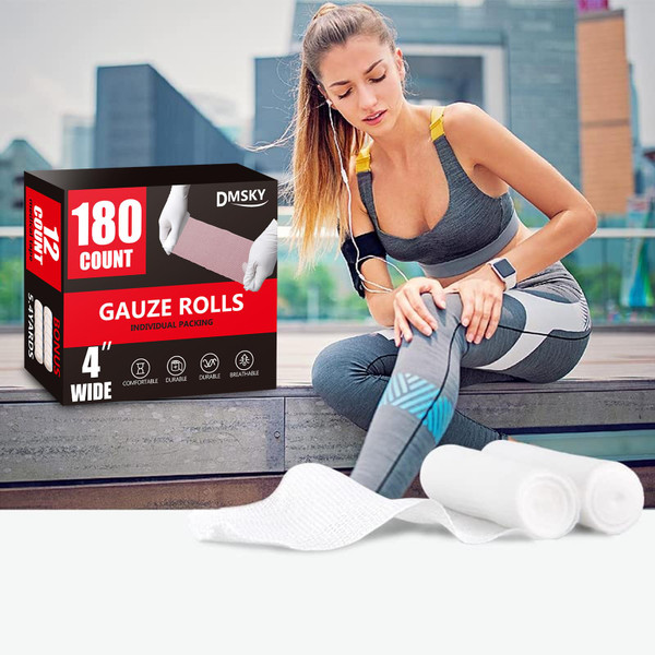 DMSKY 180 Pack Gauze Rolls, 4 in x 4.1 Yards, Individually Wrapped Breathable Rolled Gauze, Premium Bandage Wrap Rolled Gauzes, Mummy Wraps