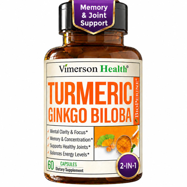 Ginko Biloba Capsules with Ginkgo Biloba 120mg & Organic Turmeric for Joint Support, Focus and Brain Health – Gingo Biloba Supplement with Black Pepper (Bioperine) for Max Absorption – 60 Count