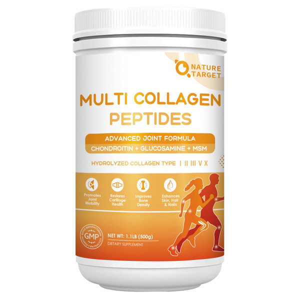 NATURE TARGET Multi-Collagen-Peptides-Powder for Joint Support, Hydrolyzed Collagen for Women Men with MSM + GC, Type I II III V X Collagen for Skin Hair & Nail, Non-GMO, 50 Servings