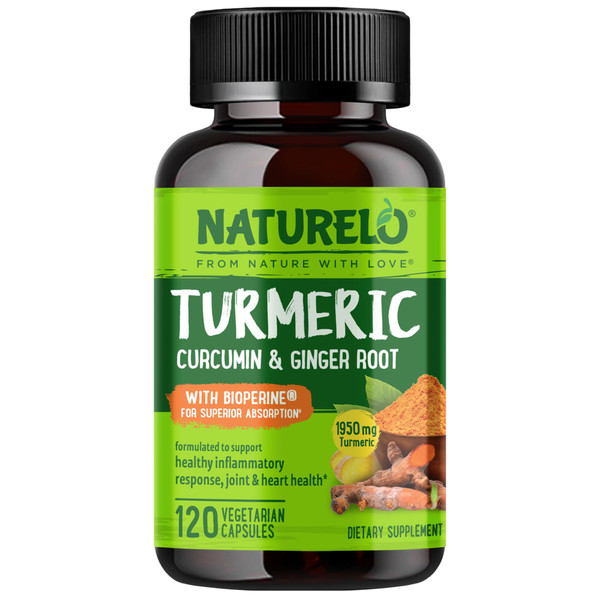 NATURELO Turmeric Curcumin - BioPerine for Better Absorption - Black Pepper, Ginger Root, Curcuminoids - Plant-Based Joint Discomfort Support - 120 Vegan Capsules