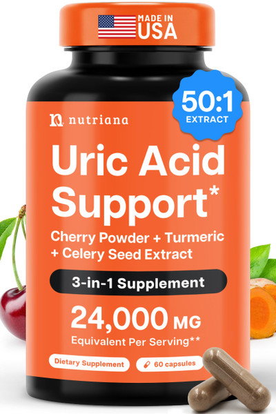 3 in 1 Uric Acid Flush Cleanse – Tart Cherry Extract with Turmeric & Celery Seed Supplement Purge - Feet and Joint Support - 60 Veggie Capsules