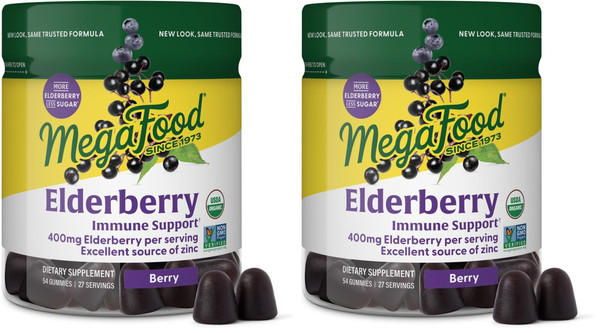 MegaFood Elderberry Immune Support Supplement - Vegan Elderberry Gummies for Adults - Made with Zinc and Real Food - Pectin-Based, Gluten-Free, USDA Organic - 54 Gummies, 27 Servings (Pack of 2)