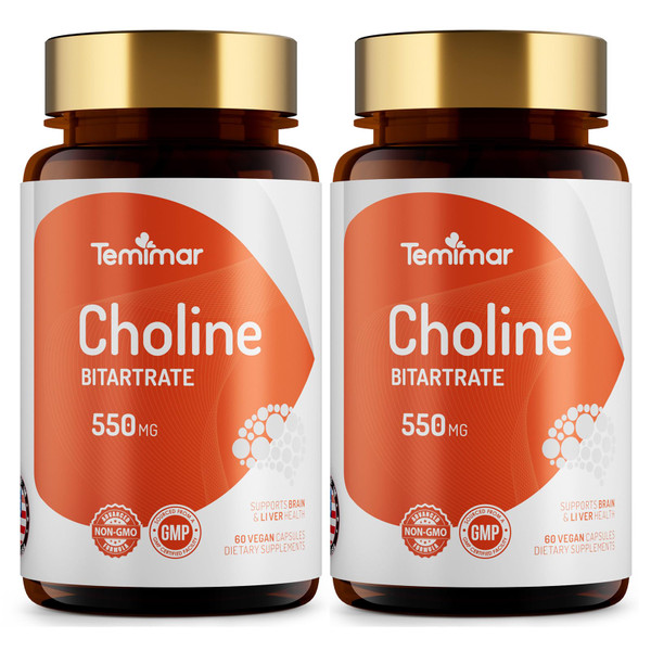 Temimar Choline Supplements, Supports Liver & Brain Health, High Absorption Choline Bitartrate 550mg, Non-GMO, Gluten-Free, Made in USA, 120 Vegan Capsules