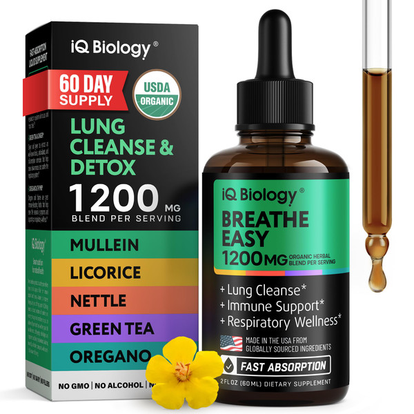 IQ BIOLOGY Mullein Drops for Lungs - USDA Organic Mullein Leaf Extract Supplement - Made in USA - Liquid Lung Detox for Smokers, Bronchial Cleanse for Respiratory to Clear Lungs, Break Up Mucus*, 2 oz