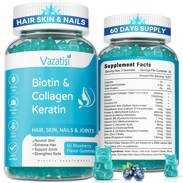 Vazatisi 2 Pack Biotin Gummies with Collagen & Keratin for Hair Skin Nails- Women Men, Kids - 120 Blueberry Flavored Gummies