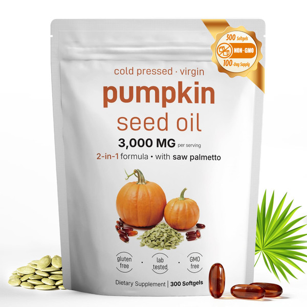 Pumpkin Seed Oil with Saw Palmetto - 300 Softgels | Cold Pressed, Pure Virgin Oil with Omega 6 & 9, Essential Fatty Acids & Phytosterols | Hair, Bladder & Prostate Support | Non-GMO