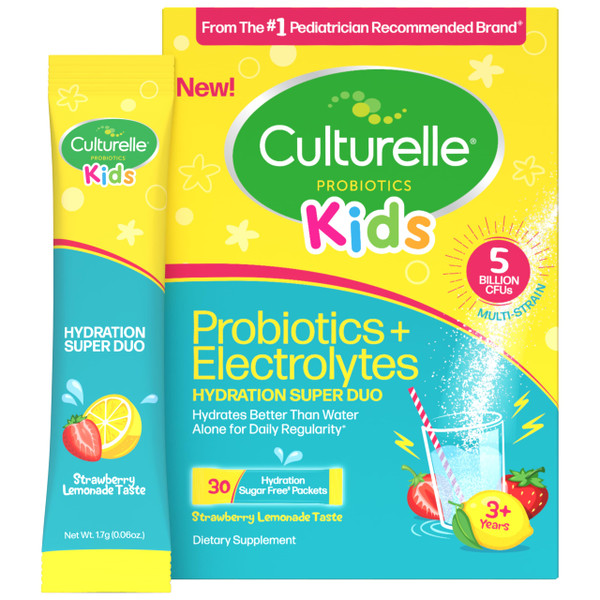Culturelle® Kids Probiotics and Electrolytes Hydration Super Duo, Strawberry Lemonade, Sugar Free‡ Powder Packets for Immune and Digestive Support, 30 Count