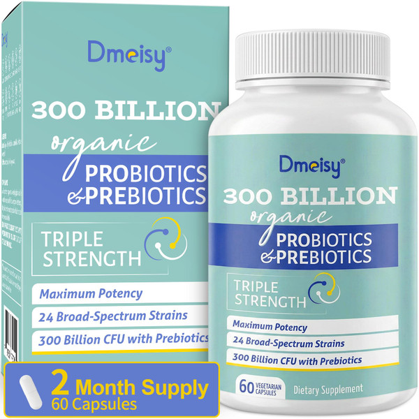 Probiotics for Women and Men, 300 Billion CFU 24 Strains Probiotics + 15 Organic Herbs Prebiotics Blend, Shelf Stable Gut Health Supplement for Digestive Immune & Whole-Body Health, 2 Month Supply