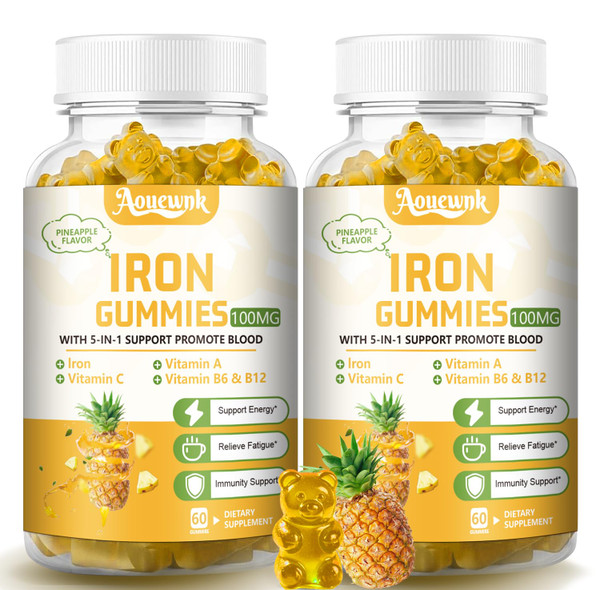 Aouewnk 2 Packs 100MG Iron Supplements Gummies for Women & Men - Contains Vitamin C, A, B - Suitable Adults & Kids, Iron Deficiency, Immune & Energy Support, Pineapple Flavor, Non-GMO, 120 Counts