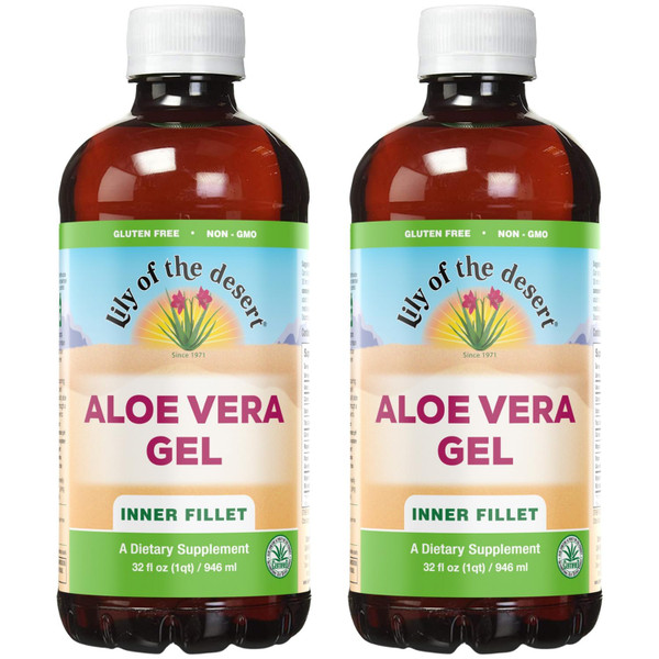 Lily Of The Desert Aloe Vera Gel - Inner Fillet Thicker Consistency Aloe Vera Drink with Natural Vitamins, Digestive Enzymes for Gut Health, Stomach Relief, Wellness, Glowing Skin, 32 Oz (Pack of 2)