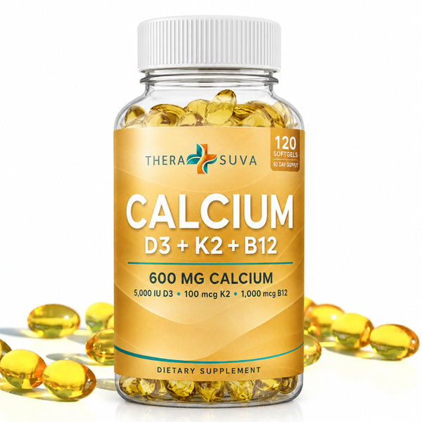 TheraSuva Extra Strength 4-in-1 Calcium 600mg + Vitamin D3 5000iu + K2 + B12 Natural Supplement Complex for Bone and Immune Health, 2 Month Supply, 120 Softgels