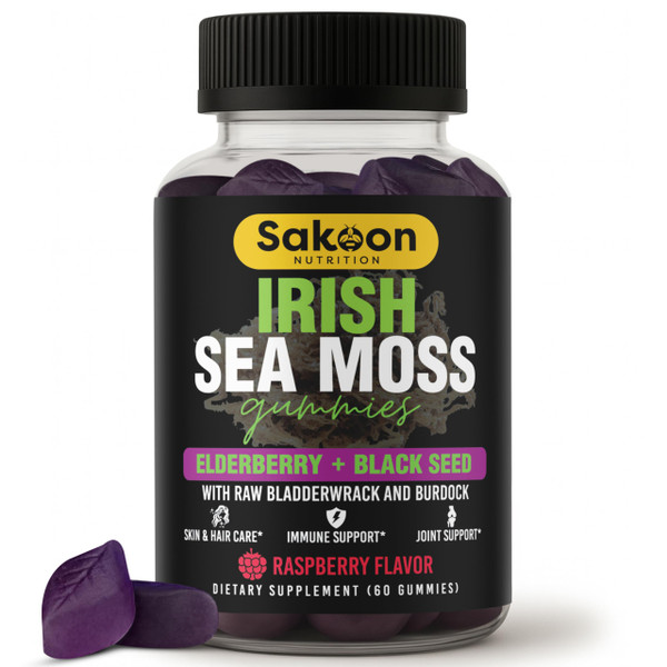 Sakoon nutrition Irish Seamoss Gummies with Elderberry & Black Seed Oil, Bladderwrack, Raspberry Flavor, Vegan Seamoss for Men & Women, Non-GMO, Gelatin Free, 60 Gummies
