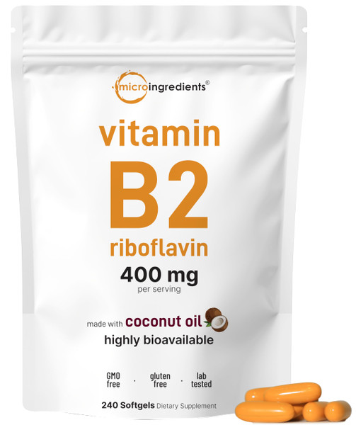 Vitamin B2, Riboflavin 400mg | 240 Softgels with Coconut Oil | Highly Bioavailable | Extra Strength Vitamin B Energy Supplements | Essential B Vitamins for Women & Men | Non-GMO, Gluten Free