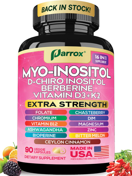 Parrox Myo-Inositol Supplement, 15-in-1 D-Chiro & Folate, 90 Vegan Capsules