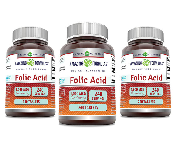 Amazing Formulas Folic Acid 1000 mcg (1 mg) Tablets Supplement | Vitamin B9 | Non-GMO | Gluten Free | Made in USA (240 Count | 3 Pack)