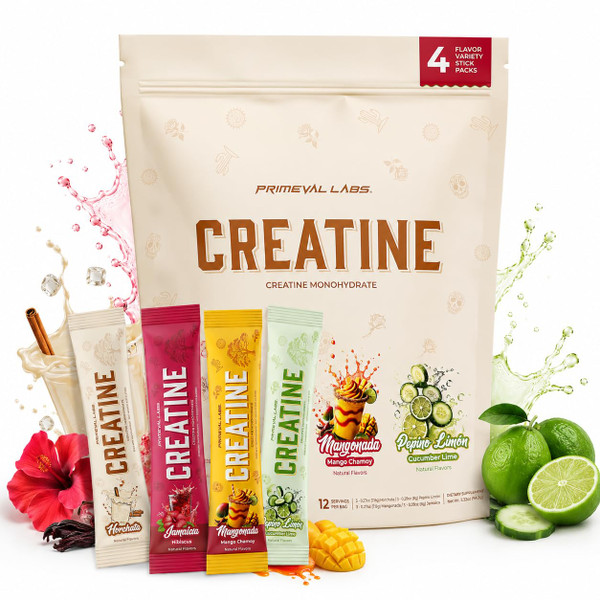 Primeval Labs Clean Creatine Monohydrate Powder | Flavored Powder for Muscle Strength & Recovery | Latin Aqua Fresca Flavors | Workout Supplement for Men & Women | 12 Servings | Variety Pack