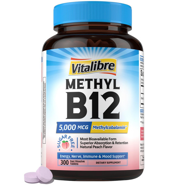 Vitalibre Vitamin B12 5000 mcg, Sublingual Methylcobalamin, Natural Peach Flavor, Nervous System Health, Energy Support, No Sugar, 300 Fast Dissolve Tablets