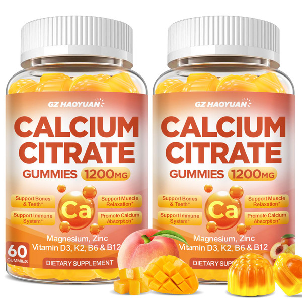 Calcium Citrate Gummies - 1200mg Calcium Gummies Supplements for Women & Men with Vitamin D3, K2, Magnesium, Zinc High Absorption for Bone, Muscle & Immune Support, Peach & Mango Flavor, 120 Count