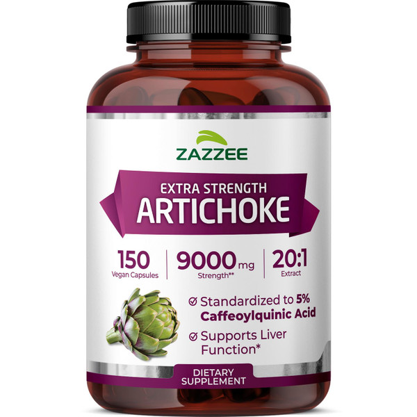 Zazzee Extra Strength Artichoke 20:1 Extract, 5% Caffeoylquinic Acid, 150 Vegan Capsules, 5 Month Supply, Cynara Scolymus, Digestive & Liver Detox Support, Herbal Supplement, Non-GMO, Made in the USA