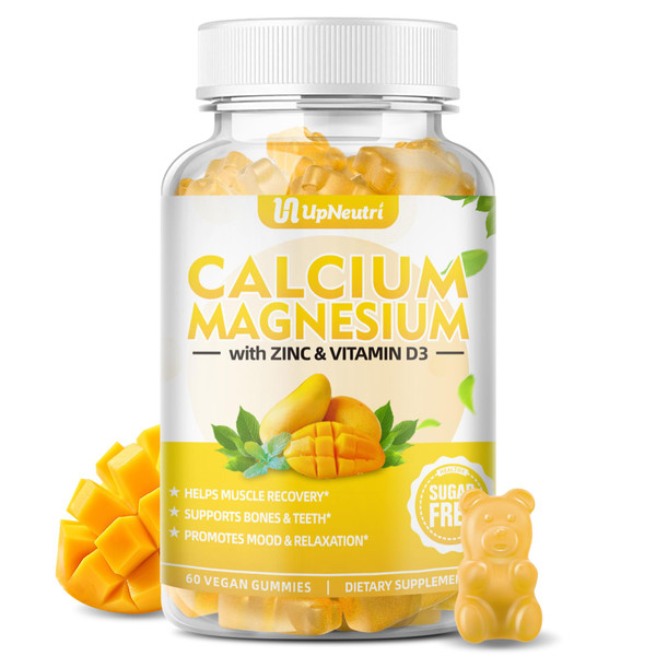 UPNEUTRI Calcium Magnesium Zinc with Vitamin D3 Supplement, Sugar Free Calcium Gummies for Women Men, High Absorption Zinc Gummies for Bone & Muscle & Immune Health, Vegan Mango Flavor - 60 Count