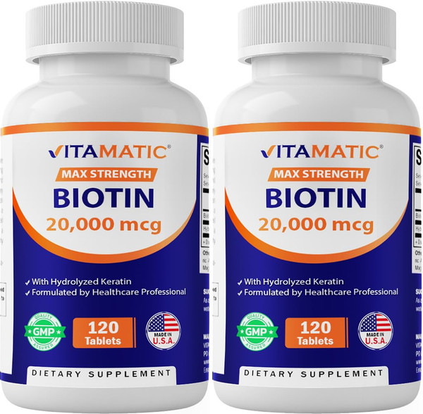 Vitamatic Biotin 20,000 mcg Tablets with Keratin, 120 Count - 2 Pack