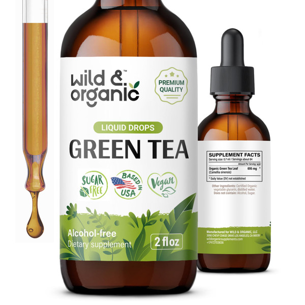 Wild & Organic Green Tea Extract Liquid Drops - Antioxidant Support - Natural Green Tea Supplements - Camelia Sinensis Tincture - Vegan, Sugar & Alcohol-Free - 2 fl oz