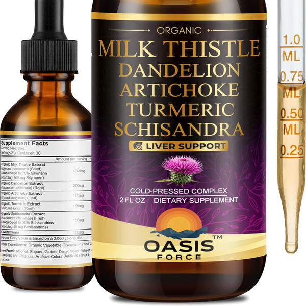 OASIS FORCE Organic Milk Thistle Extract Liquid, Silymarin Milk Thistle Drops Supplement with Dandelion & Artichoke for Digestive Health, Daily Vitality & Liver Support, Vegan, Alcohol-Free, 2 FL OZ