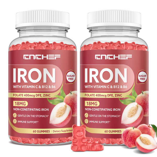 2PCS Iron Supplement for Women & Men Gummies, Multivitamin Blood Builder Iron Supplement with Folate Vitamin C B12 B6 Zinc for Adults & Kids - Energy Support - Peach Flavor, Vegan 120 Gummies