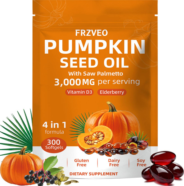FRZVEO 300 Capsules Cold Pressed Pumpkin Seed Oil with Saw Palmetto, Vitamin D3 & Elderberry – Virgin Oil, Supports Prostate, Hair & Urinary Health (Aceite de Semilla de Calabaza)