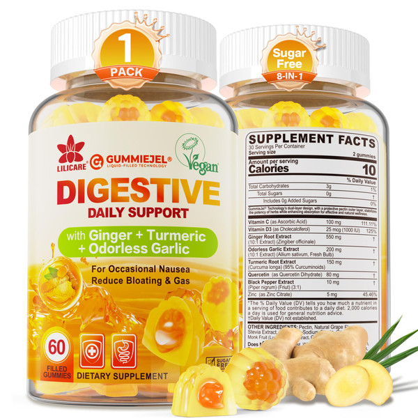 LILICARE Ginger Chews Gummies for Nausea & Digestive Support, Stomach Relief - Sugar Free with Turmeric & Odorless Garlic, Quercetin, VD3, VC, Ginger Supplements for Women, Men & GLP-1 Users, 1 Pack