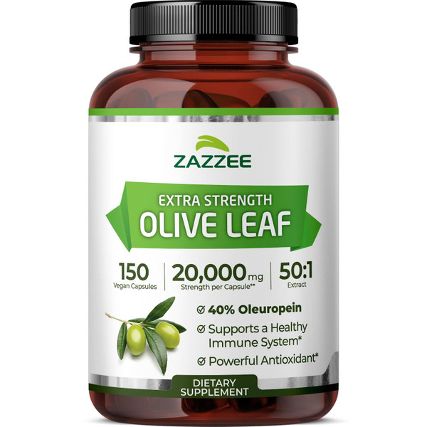 Zazzee Extra Strength Olive Leaf 50:1 Extract, 40% Oleuropein, 150 Vegan Capsules, 5 Month Supply, Olea Europaea, Mediterranean Source, Potent Antioxidant & Immune Support, Non-GMO, Made in the USA