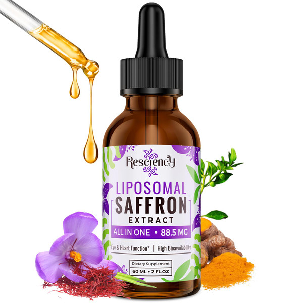 Resciency Liposomal Saffron Supplements Drops 88.5mg – High Bioavailability Liquid Saffron Extract for Mood Support, Energy, Focus & Vision with Ashwagandha, Magnesium, Zinc, B12 & D3, 2 fl oz