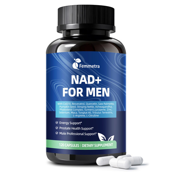 Femmetra NAD+ Supplements for Men with Saw Palmetto | All-in-One Cellular Energy, Prostate Support & Nitric Oxide Supplement with Resveratrol, L-Arginine | Non-GMO, 120 Capsules