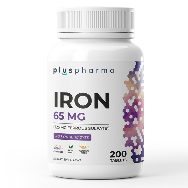 PlusPharma Iron 65 mg (from 325 mg Ferrous Sulfate), 200 Tablets, High Potency Iron Supplement, Non-GMO, Gluten Free, No Synthetic Dyes - 3 Pack