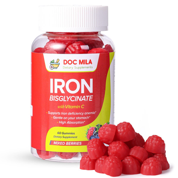 Iron Supplement for Kids and Adults - Iron Bisglycinate Gummies 25mg with Liposomal VIT C - Chelated Iron Supplement for Women and Men - 60 Gummies, 1 Month Supply