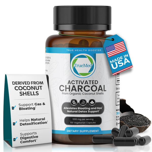 TRUEMED Activated Charcoal Capsules 1200 mg – Organic Activated Charcoal Pills Derived from Coconut Shells for Stomach & Digestive Support – Natural Detox & Bloating – Made in USA – 100 Capsules
