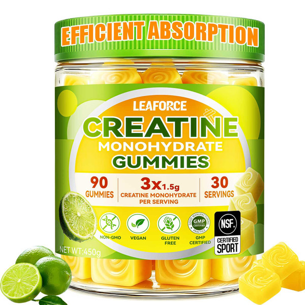 LEAFORCE Creatine Monohydrate Gummies for Men & Women, 4.5g Creatine Monohydrate per Serving – Easy Daily Creatine Supplement for Workout & Fitness Support, Vegan, Lemon Flavor, 90 Gummies