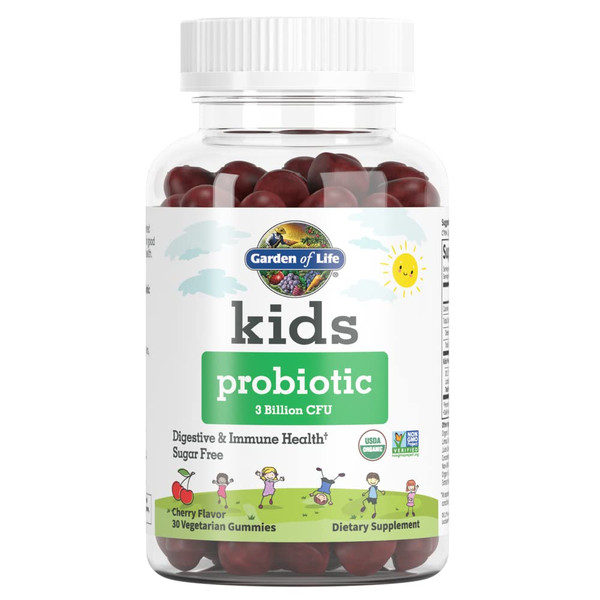 Garden of Life Kids Probiotic 3 Billion CFU, Cherry Flavor Gummies - Sugar Free Once Daily Probiotics for Kids, Probiotics Plus Fiber for Children's Digestive & Immune Health, 30 Vegetarian Gummies